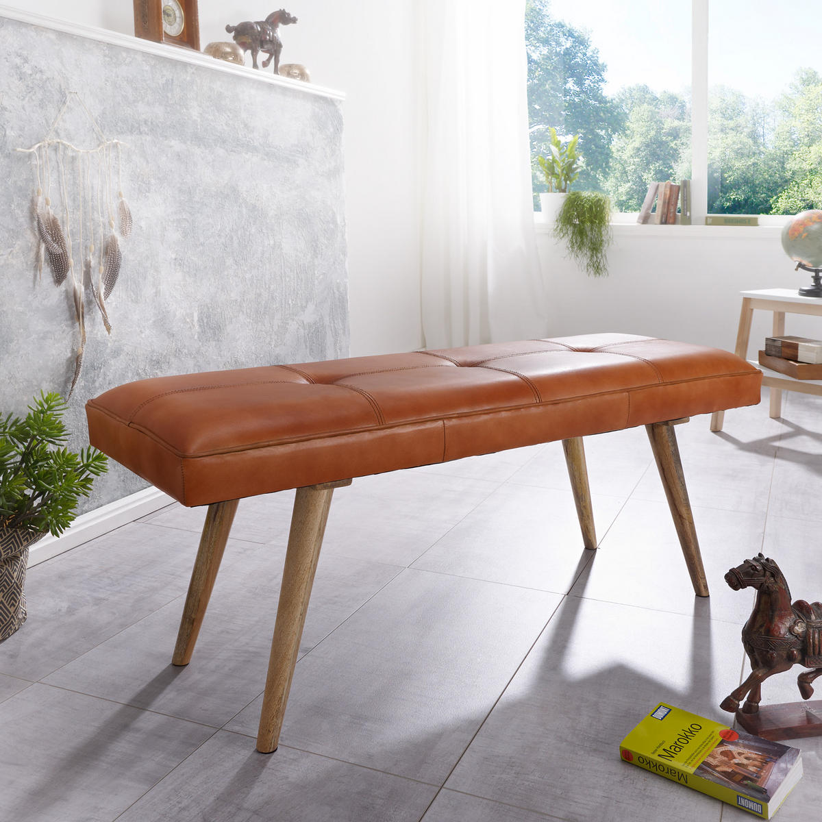 SITZBANK – Ziegenleder/Massivholz, Retro-Stil, 200 kg Belastbarkeit - Braun, Mangoholz/Leder (117/51/38cm) - KADIMA DESIGN