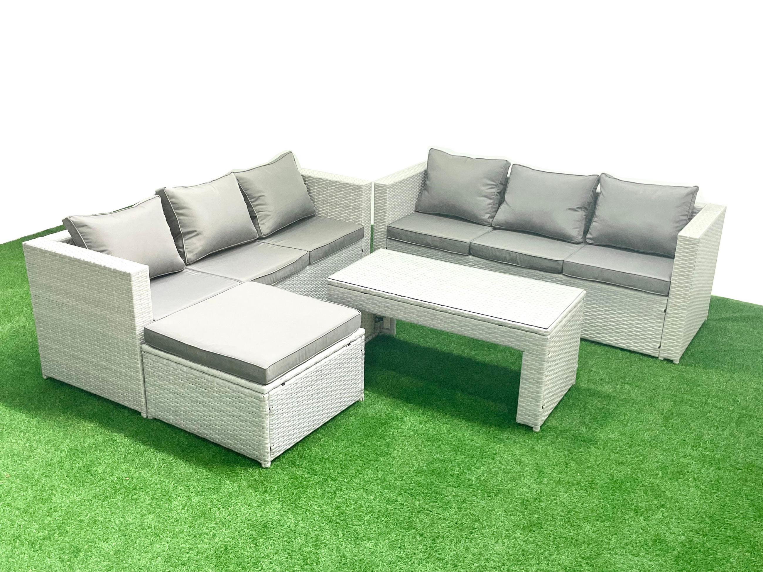 GARTENSOFA hohe Rückenlehne Polyrattan Hellgrau-Mix 7-Sitzer - Hellgrau/Grau, Glas/Kunststoff - Fimous