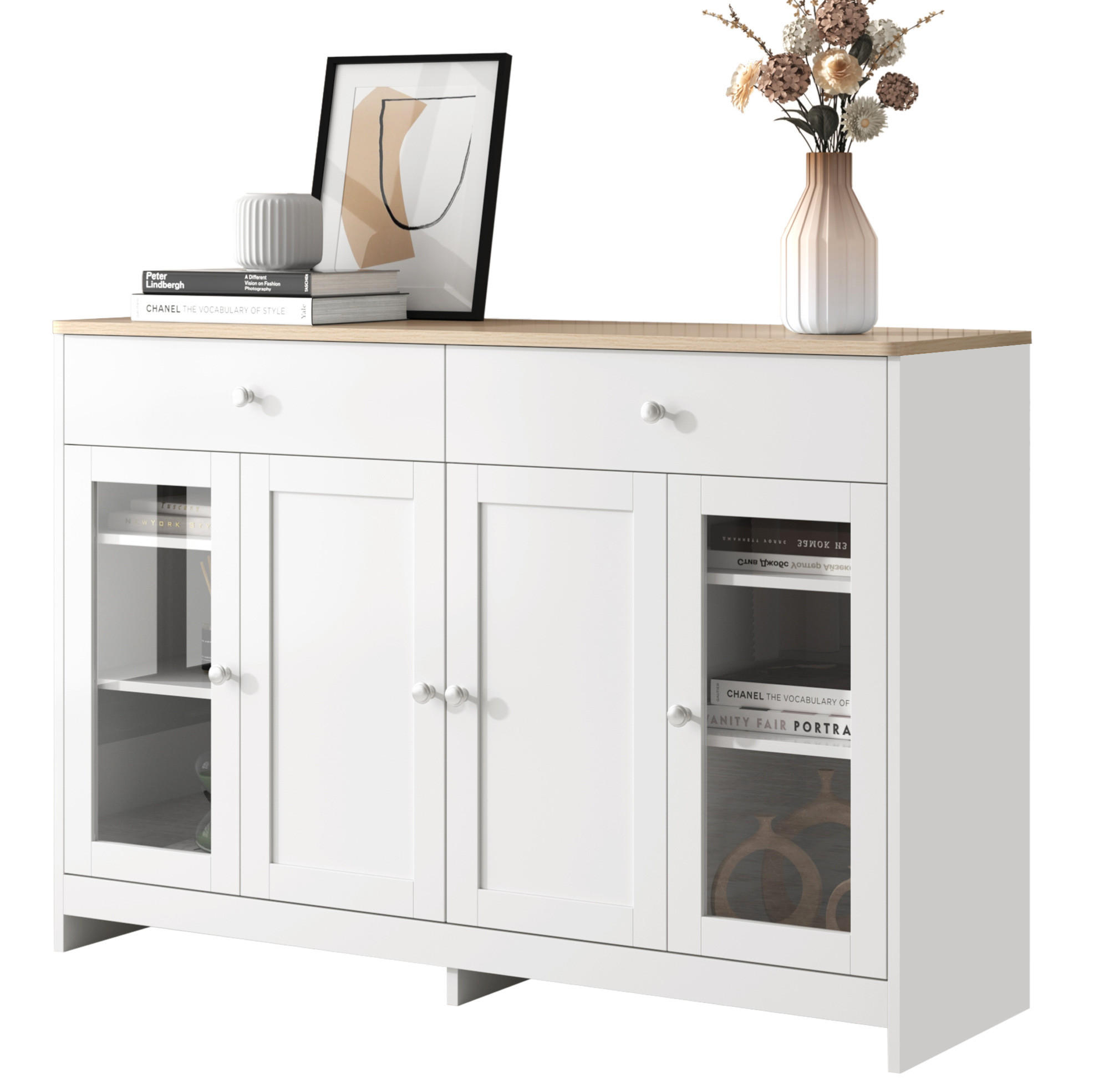 SIDEBOARD mit 2 Schubladen, 4 Türen, verstellbaren Regalböden, holzfarbene Oberseite und weiße Seiten, 120/37/80 cm, Holzfarbe und Weiß - Weiß, Holzwerkstoff (120/80/37cm) - Redom