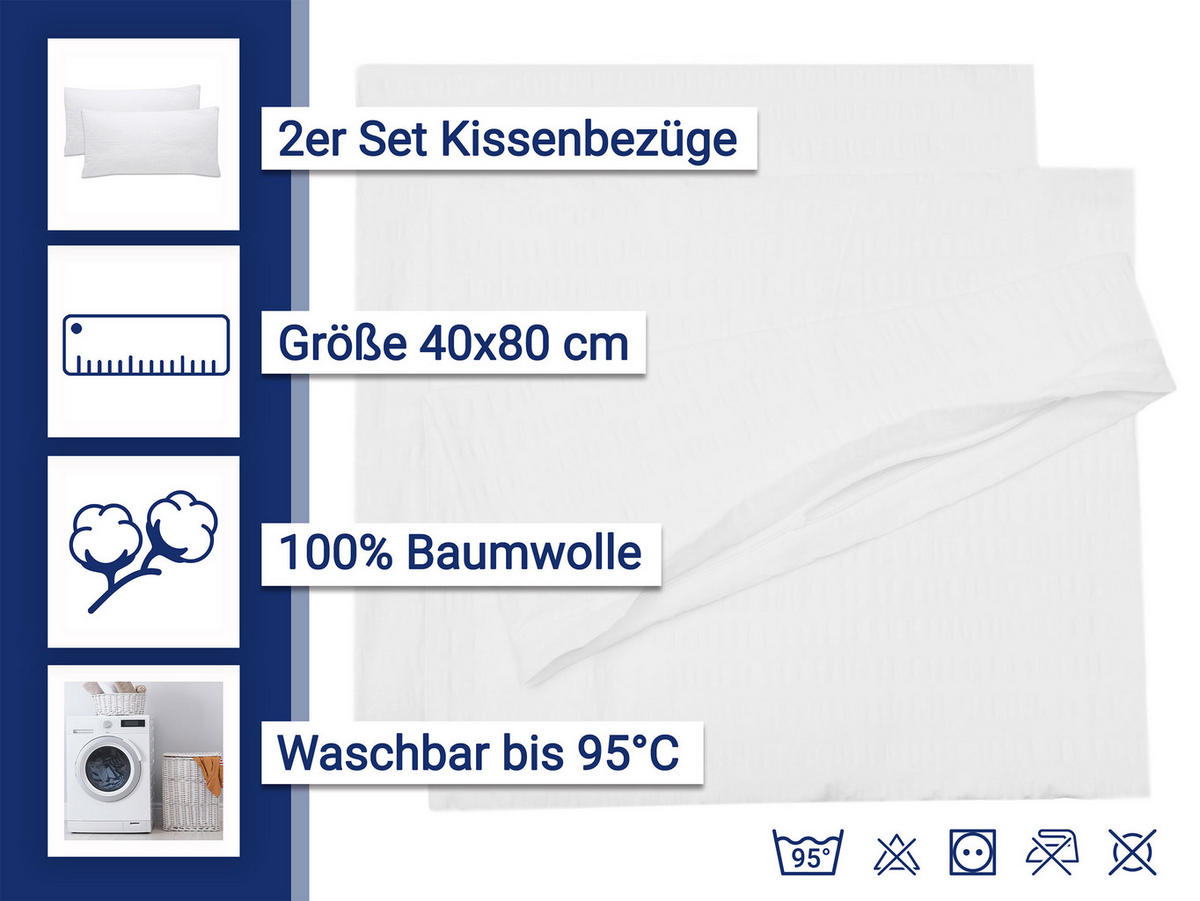 KISSENBEZUG, 2er-Set, 40x80 cm, 100% Baumwolle, Weiß - Weiß, Textil (40/80cm) - Zollner