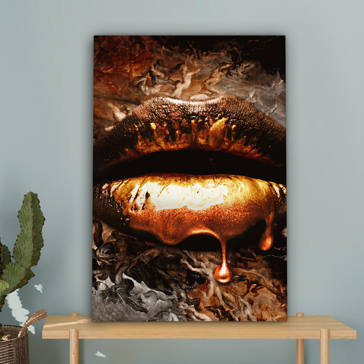 LEINWANDBILD Gold - Lippen - Kunst - Gold - Luxus - Abstrakt 40x60 cm - Kupferfarben, Textil (40/60cm) - MuchoWow