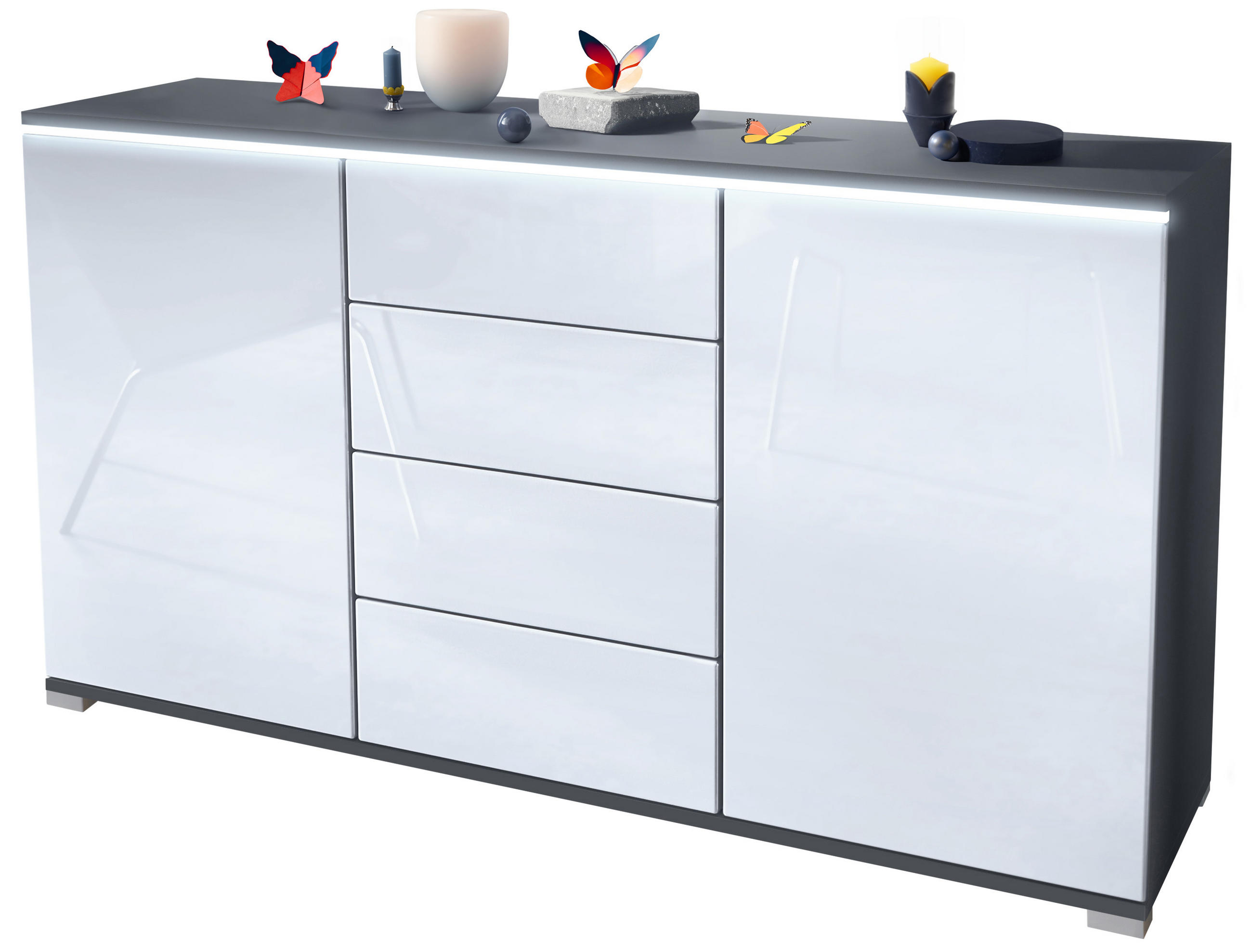 Vladon SIDEBOARD Weiß Hochglanz 139cm × 35cm × 76cm