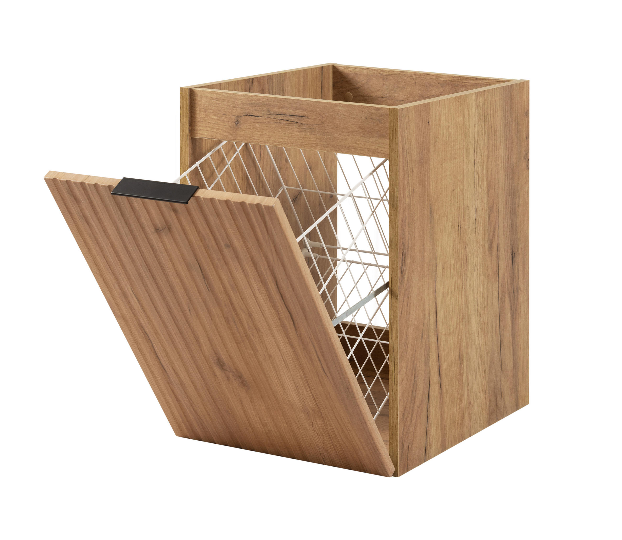 BADEZIMMERSCHRANK MIT WÄSCHEKORB: Eiche Craft, 40 x 57 x 46 cm, schwarze Griffe - Eichefarben, Holzwerkstoff (40/57/46cm) - 3XE LIVING
