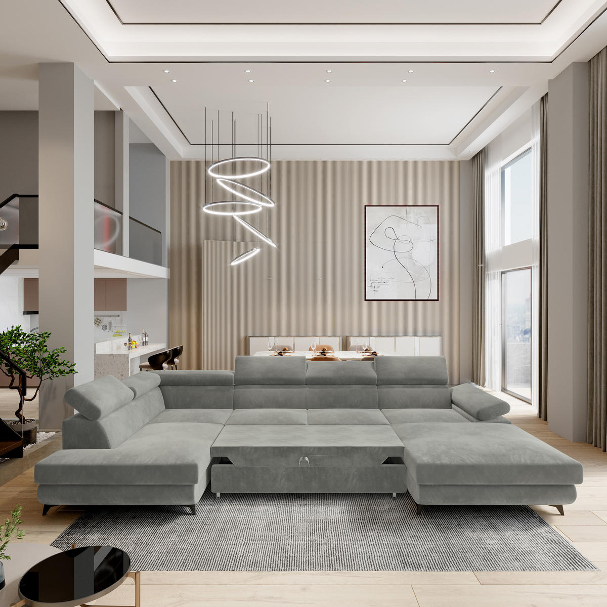 WOHNLANDSCHAFT RUBANO L-S Hellgrau Velours-Stoff mit Schlaffunktion - Hellgrau, Holz (339/89/190cm) - MASSENO