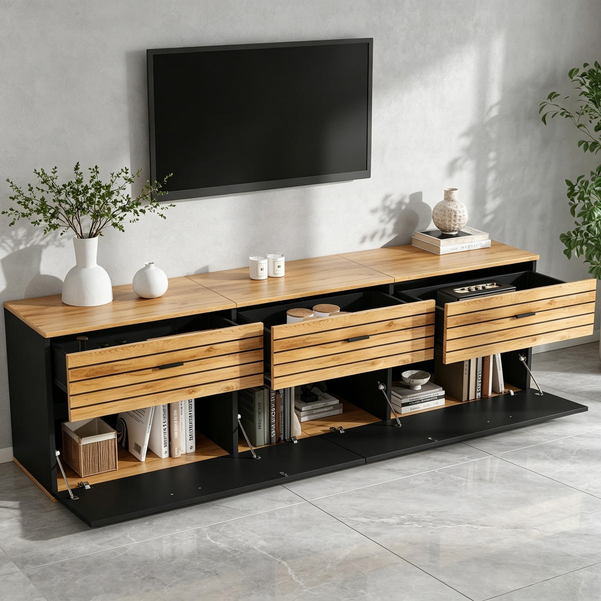 TV-ELEMENT168X38X59CM Holz-Schwarz für 65-Zoll TV mit 3 Schubladen - Naturfarben, Holz (45.01/23.01/68.5cm) - Raelunyi