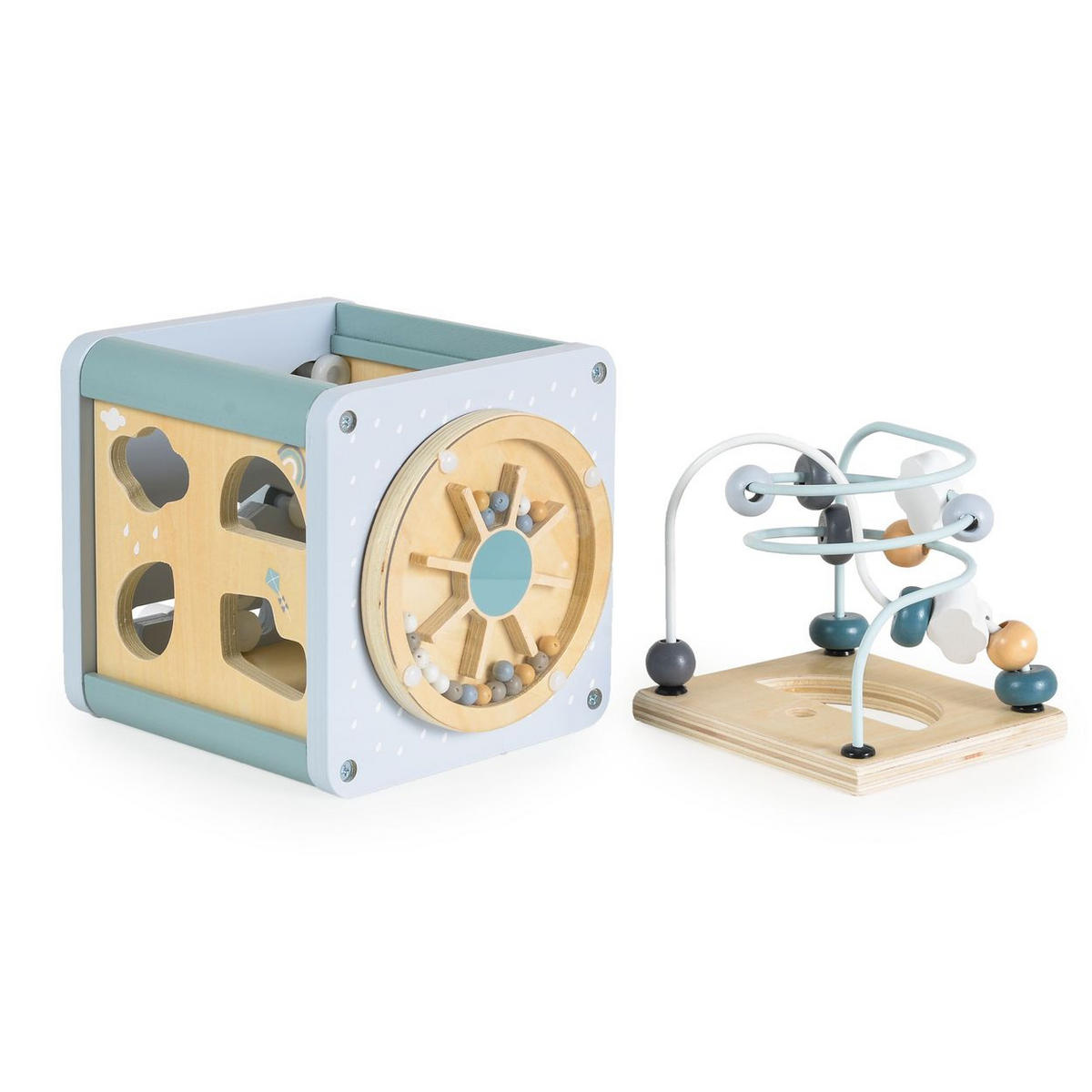 MOTORIKSPIELZEUG Aktivitätswürfel W11B316 blau Holz, Sortierspiel, Xylophon, Labyrinth, Motorik, vier Spielseiten - Blau, Holz (15/25/15cm) - Moni