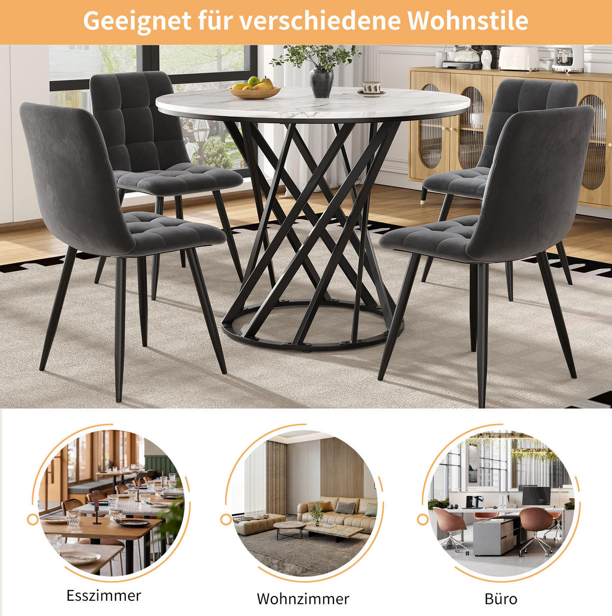 ESSTISCH 80x80x76 cm in Schwarz-Weiß aus MDF mit Schwarz-Weiß Optik und Bodenausgleich - Schwarz, Holzwerkstoff (80/80/76cm) - Modfu