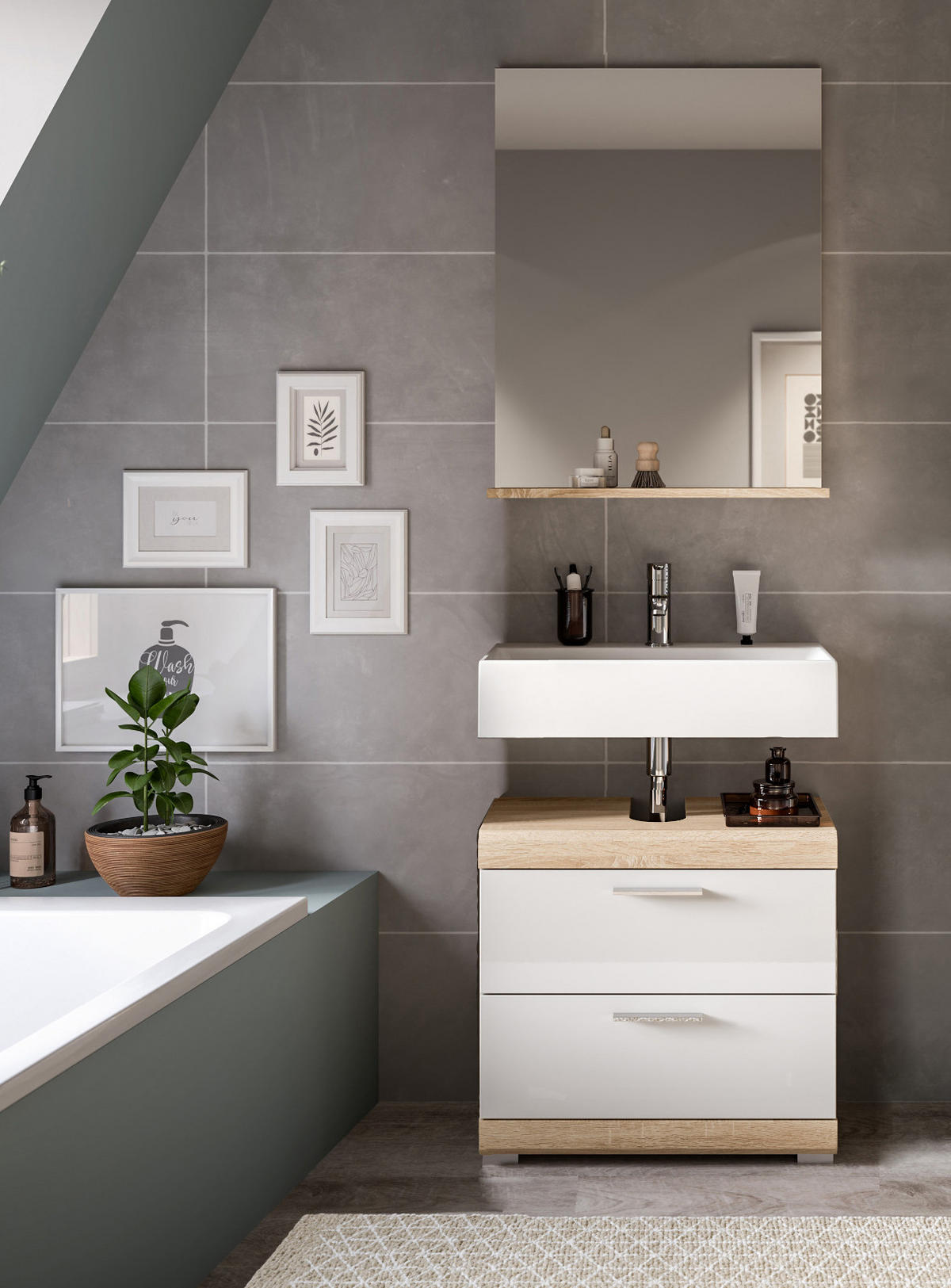 BADMÖBEL-SET weiß Hochglanz, Eiche 2-teilig 60 cm, mit Schubkästen - Weiß Hochglanz/Eichefarben, Holzwerkstoff (60/191/37cm) - Inn.Furn