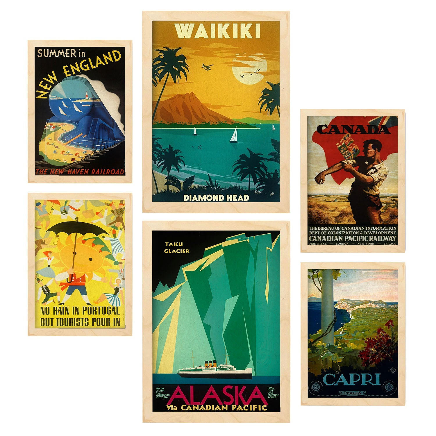 POSTER Set Mit 6 Strände & Kreuzfahrten Vollfarbige Illustrationen Von Vintage Tourismus Werbetafeln Aus Der Ganzen A3 & A4 Rahmen Aus Hellem Holz - Beige, Papier (29/3cm) - Nacnic
