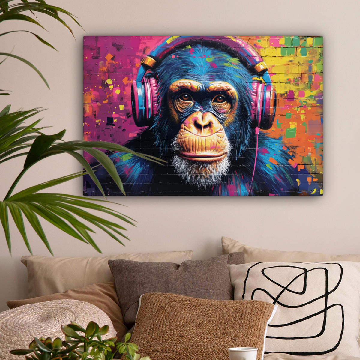 LEINWANDBILD Graffiti - Schimpanse - Straßenkunst - Kopfhörer - Affe Gemälde 60x40 cm - Blau, Textil (60/40cm) - MuchoWow