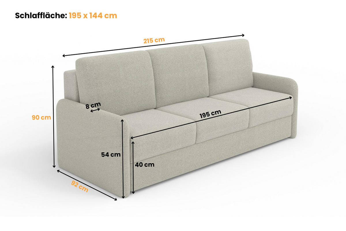 3-SITZER SOFA BIANCO 215 cm breit in Boucle Ecru - Ecru, Holzwerkstoff/Textil (215/90/92cm) - Deine Möbel 24