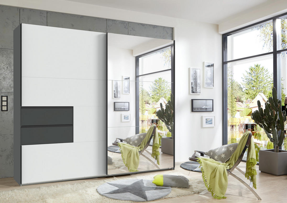 SCHWEBETÜRENSCHRANK B250/H216/T65 cm, Korpus+Schubladen Grafit, Türen Weiß / Spiegel, inkl. Vollausstattung / 22050 - Schwarz/Graphitfarben, Holzwerkstoff/Metall (250/216/65cm) - luma-home