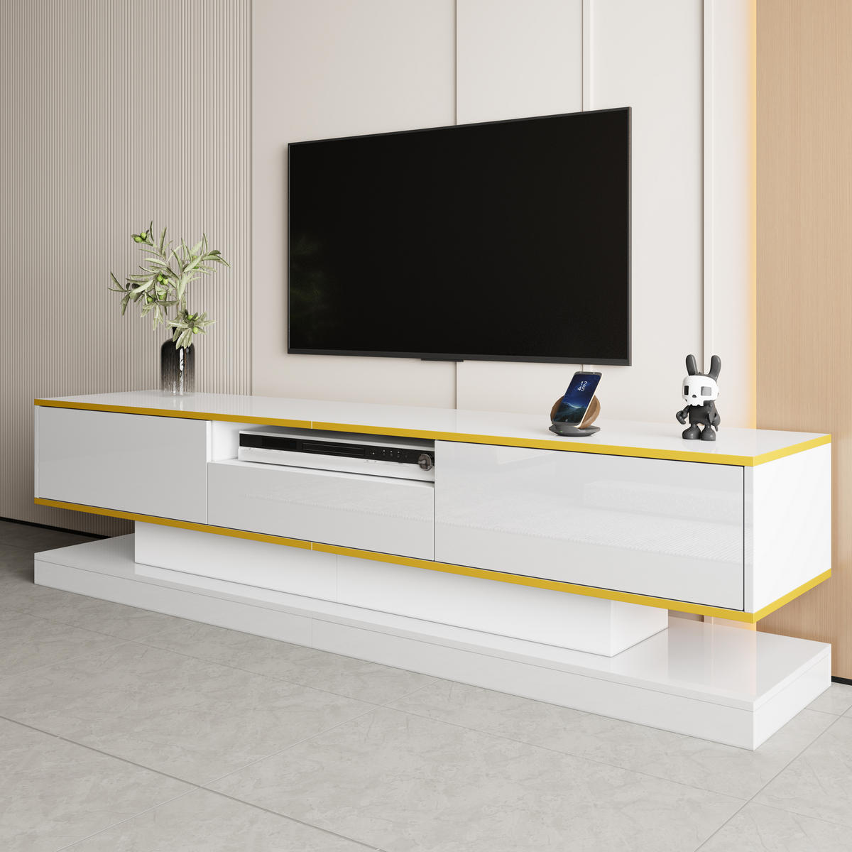 TV-ELEMENT180X38X45CM Weiß-Hochglanz mit LED-Beleuchtung und 3 Schubladen - Weiß, Holz (44.45/20.96/78.74cm) - Raelunyi