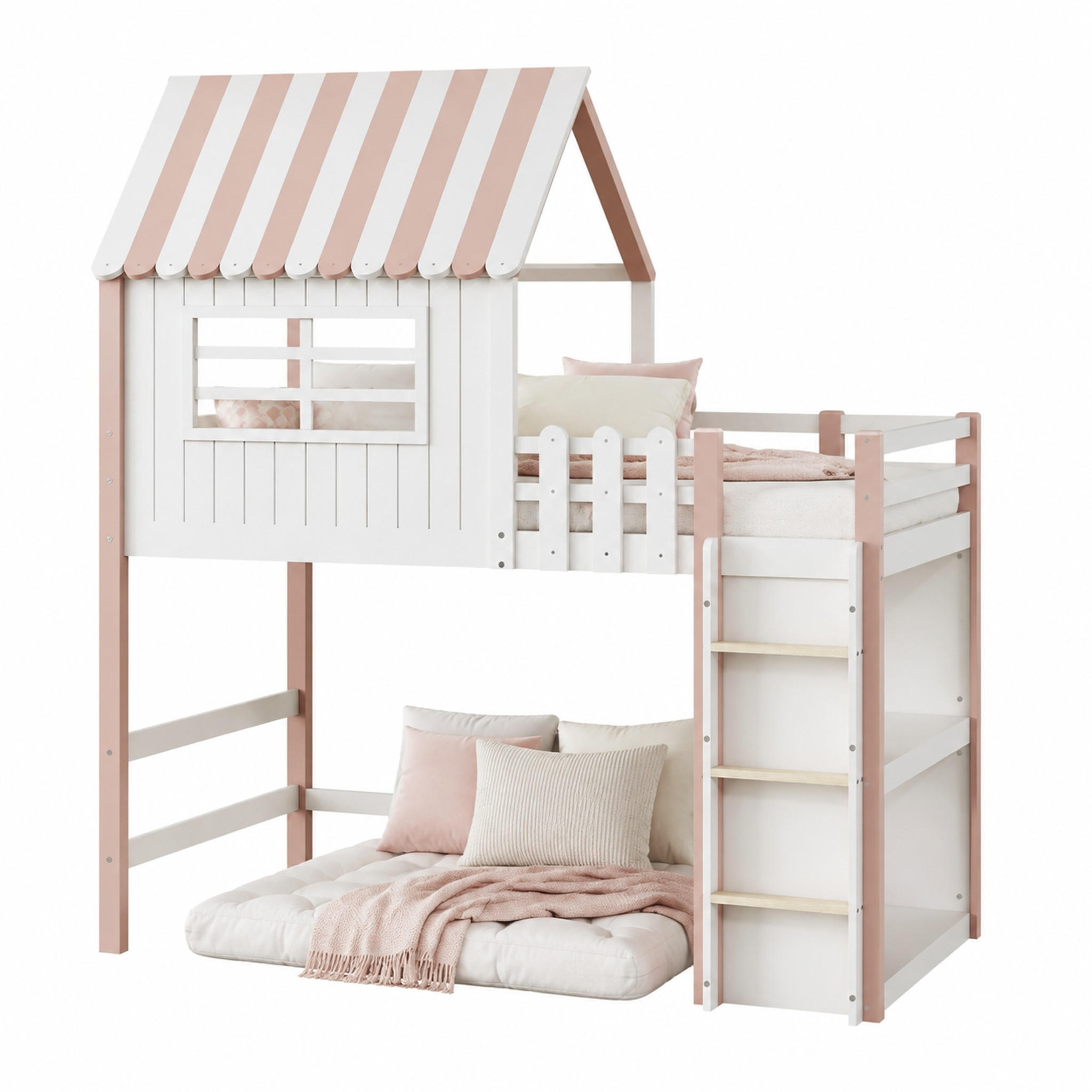 KINDERBETT Hausbett 90x200 cm Massivholz Pink mit Leiter - Pink, Holz (90/200cm) - Meubliv