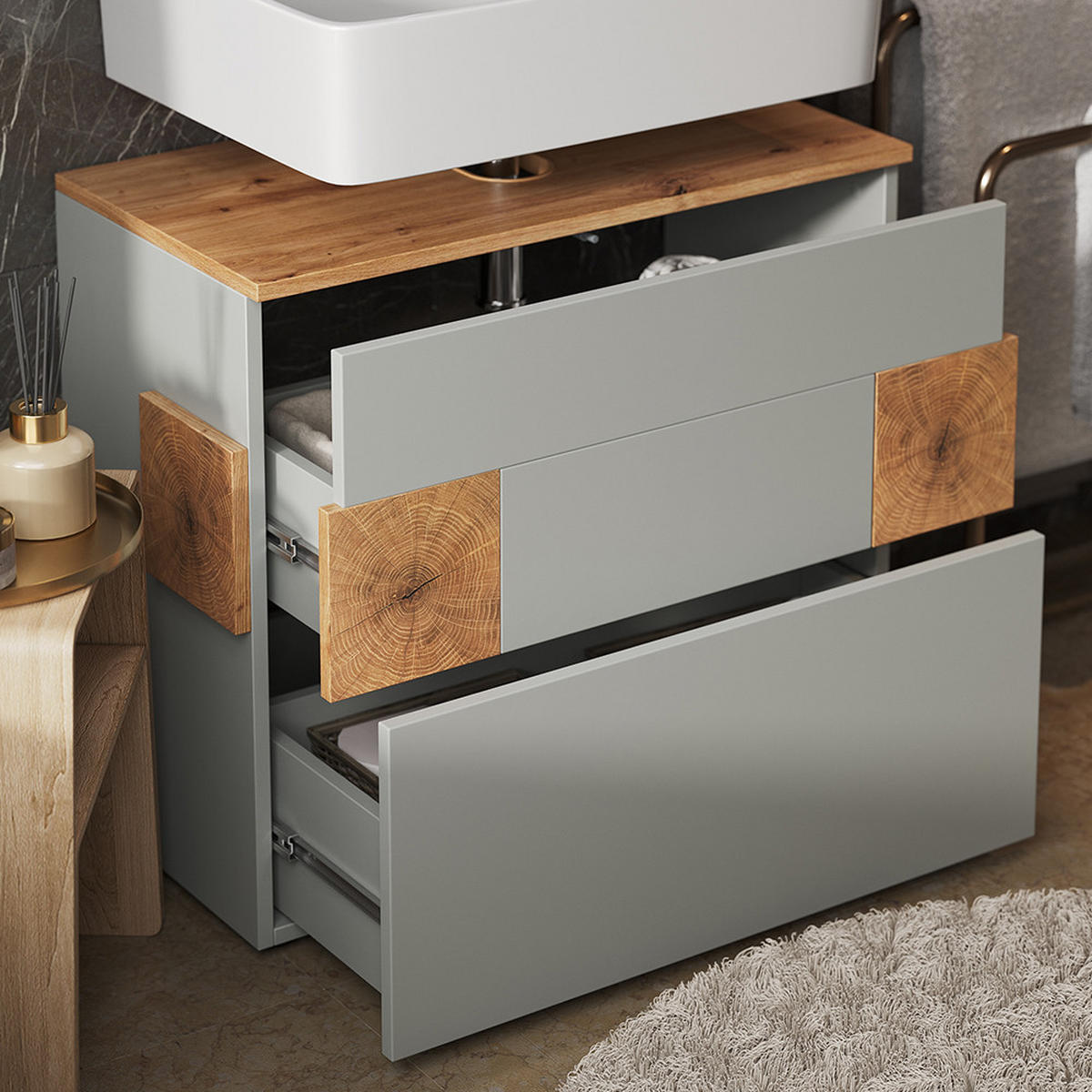 WASCHBECKENUNTERSCHRANK Eden Grau/Artisan 70 x 64.5 cm mit 2 Schubladen - Hellgrau/Grau, Holzwerkstoff (70/64.5/37cm) - Vicco