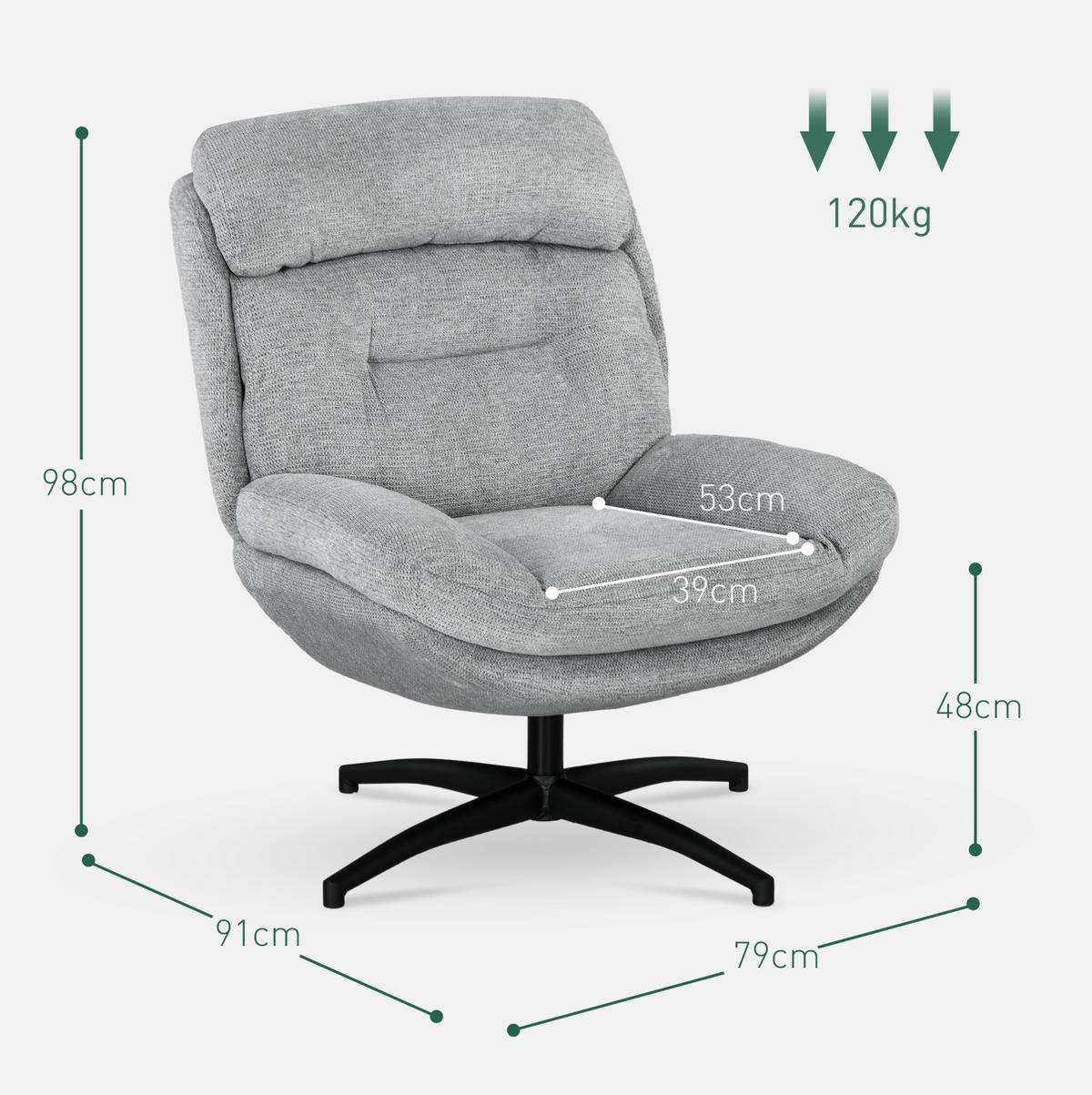 OTOČNÉ křeslo 91/79/98 cm šedé z polyesteru s 360° otáčením a područkami - šedá, textil (91/98/79cm) - OKWISH