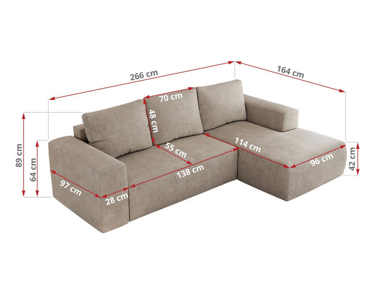 ECKSOFA TRENTINO L Beige Stukture - Rechts - Beige/Schwarz, Textil (164/266cm) - MKS