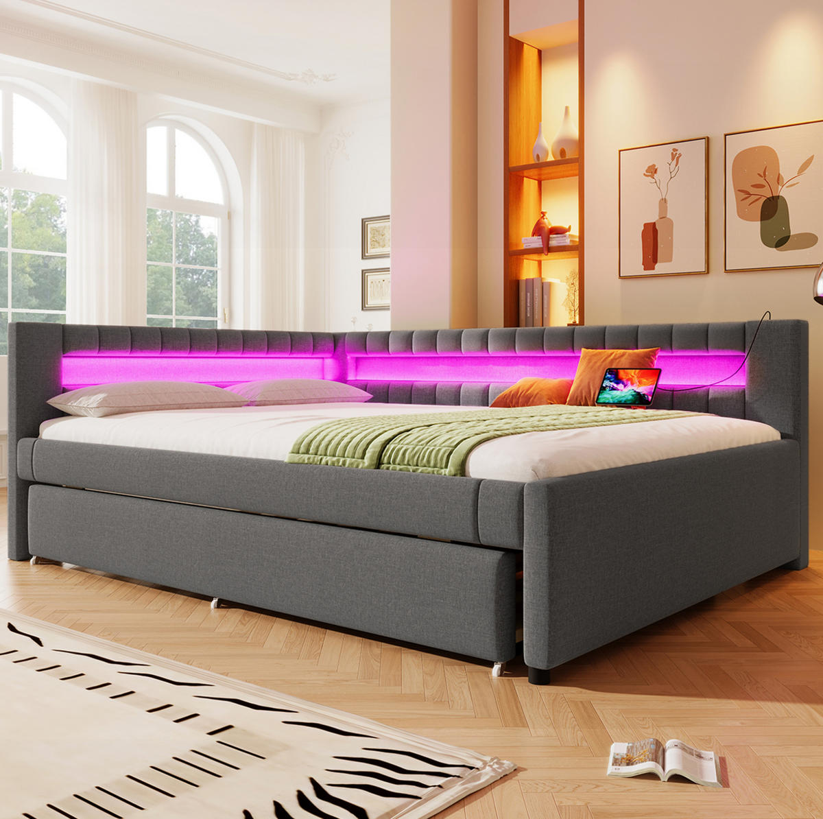 POLSTERBETT 140/200 cm Grau mit Ausziehbett LED-Beleuchtung und USB- und Type-C-Anschlüssen - Grau, Textil (140/200cm) - OKWISH