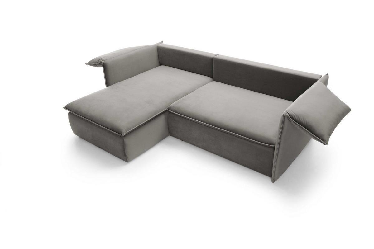 ECKSOFA PREGIO Grau Plüsch-Stoff mit Schlaffunktion - Grau, Holz (230/166cm) - MASSENO