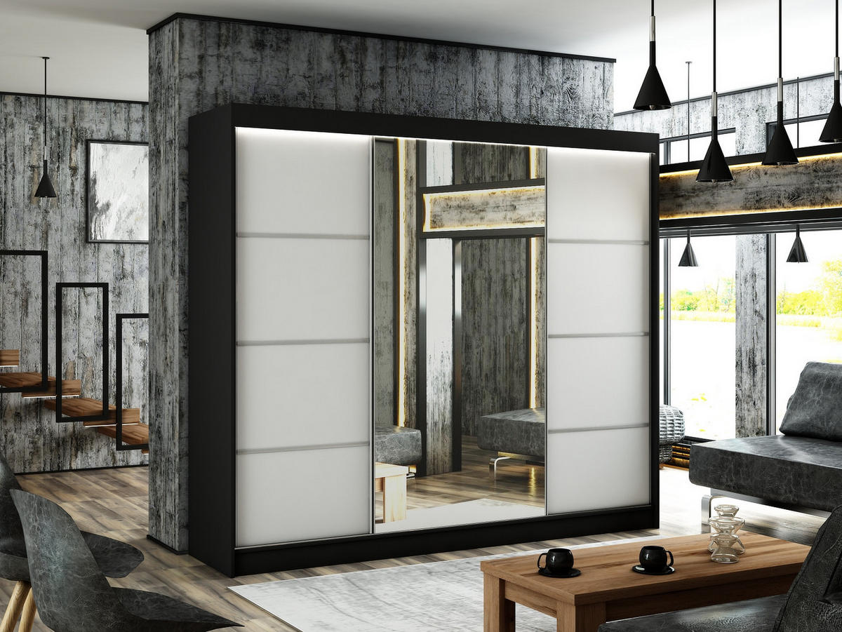 SCHIEBETÜRENSCHRANK RABI - Schwarz/Weiß, Holzwerkstoff (250/215/61cm) - Meblini