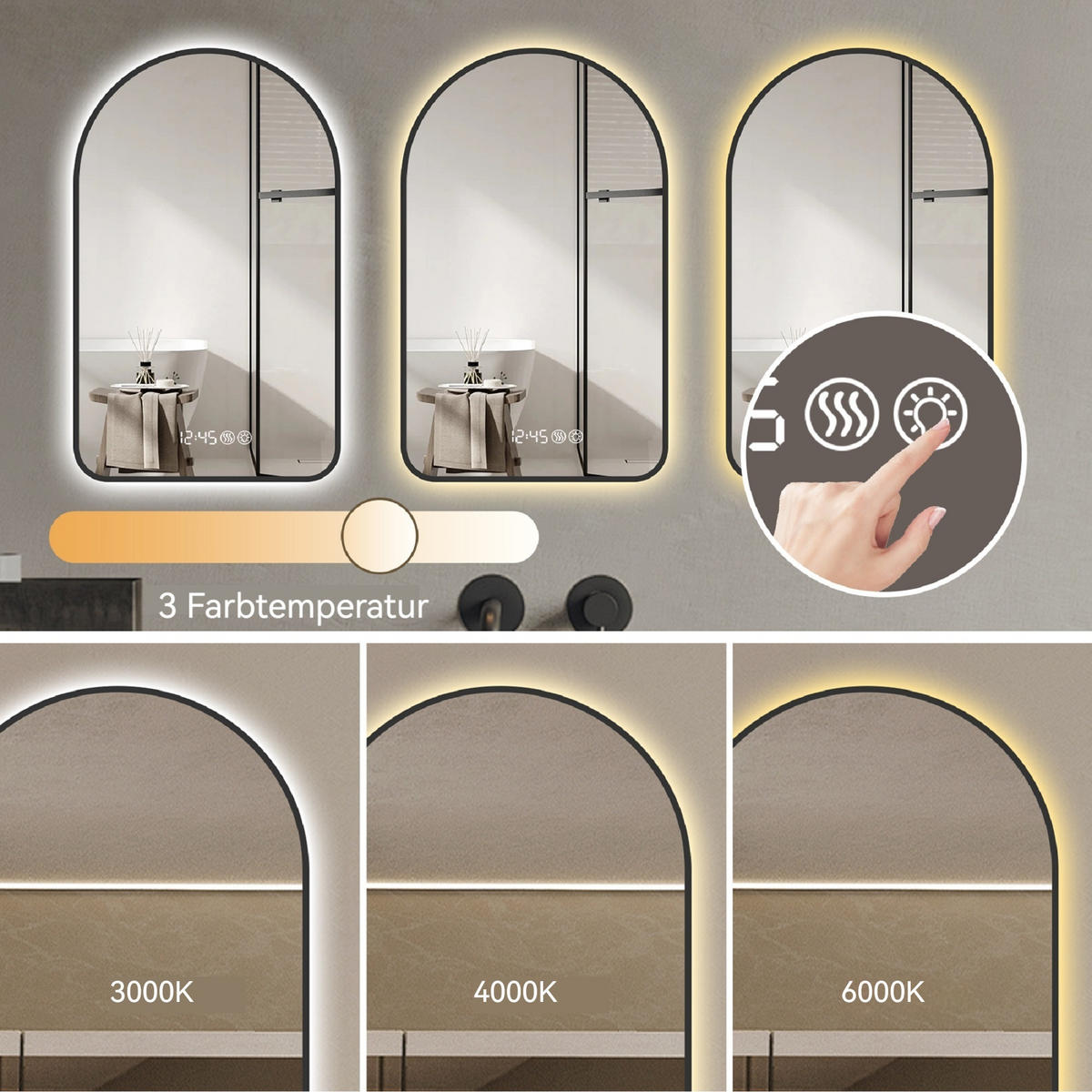 LED Badezimmerspiegel 120x70x3cm Schwarz-Silber,dimmbar,3 Farben,mit Entspiegelung & Temperatur-Anzeige - Silberfarben, Glas (3/120/70cm) - Modfu