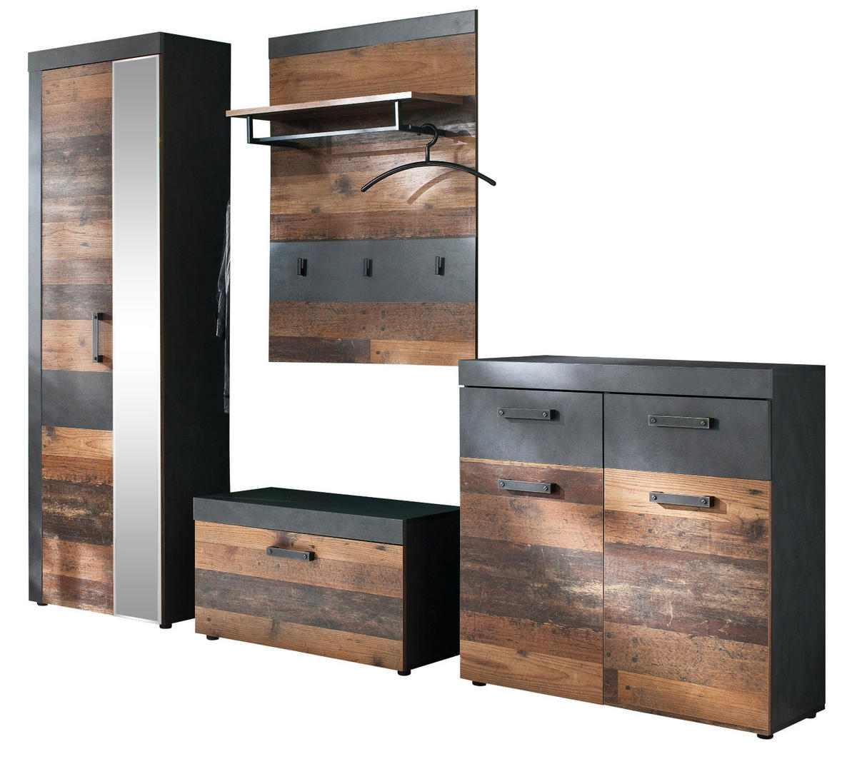 GARDEROBEN-SET 4-teilig in Old Used Wood Vintage 265 cm, Komplettset mit viel Stauraum - Silberfarben/Schwarz, Holzwerkstoff/Kunststoff (265/192/37cm) - Top.Furn