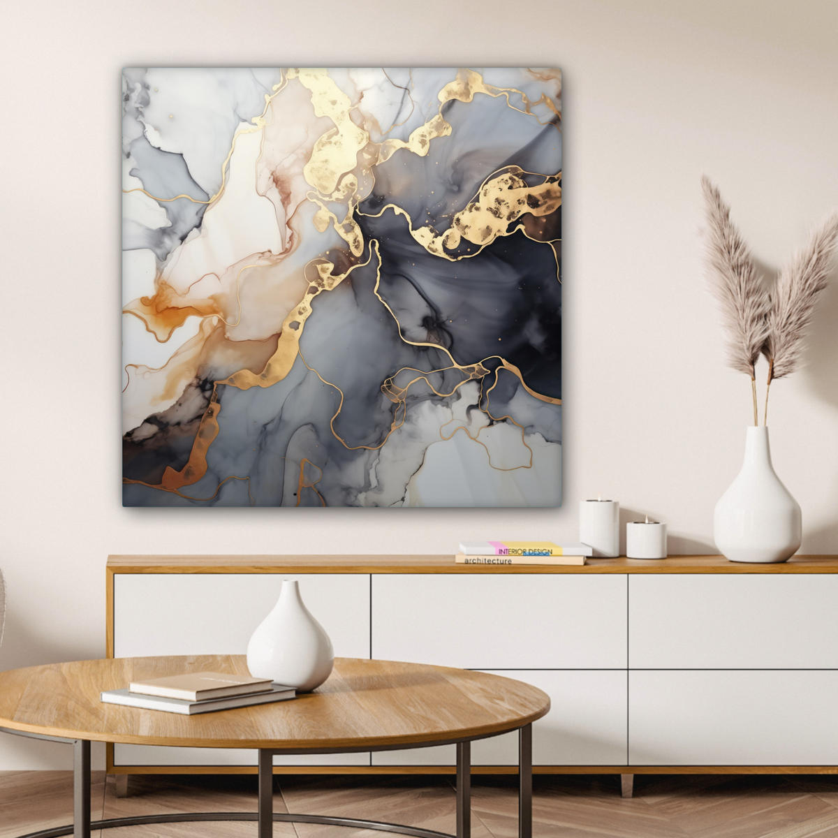 LEINWANDBILD Marmor - Schwarz - Gold - Weiß Deko Groß 90x90 cm - Dunkelgrau, Textil (90/90cm) - MuchoWow