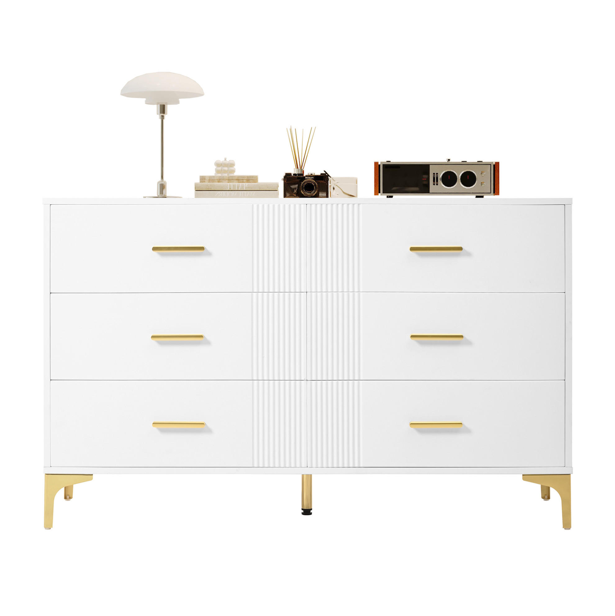 KOMMODE 120/40/76 cm mit 6 Schubladen und goldfarbenen Metallgriffen - Weiß, Holzwerkstoff (120/76/40cm) - BEAOK