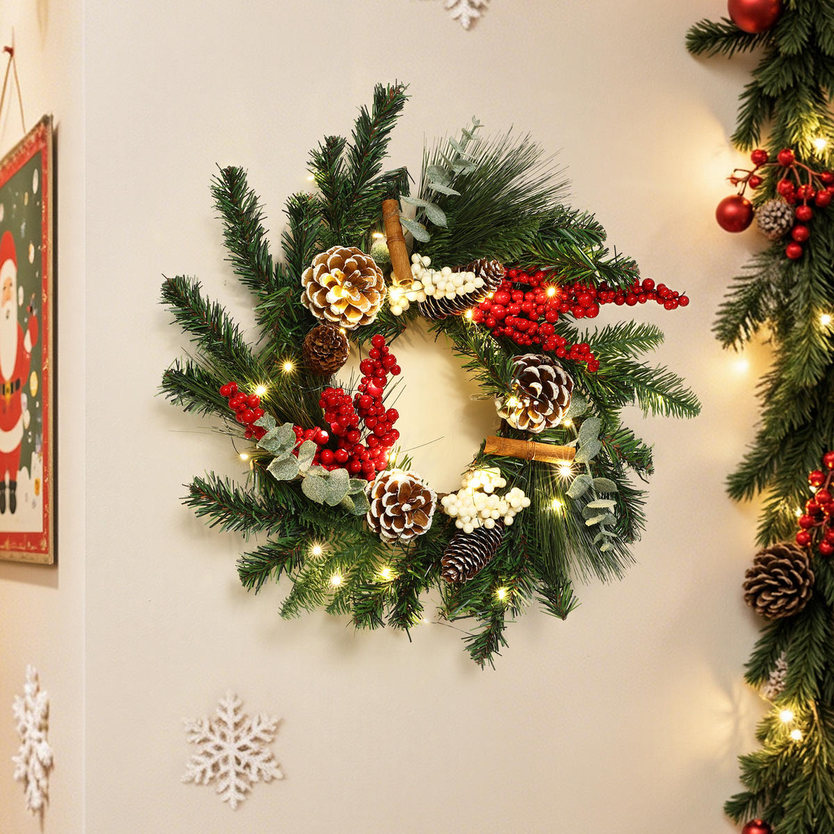 WEIHNACHTSKRANZ mit LED Beleuchtung & Timer - Dunkelgrün, Naturmaterialien (40cm) - Hometopia