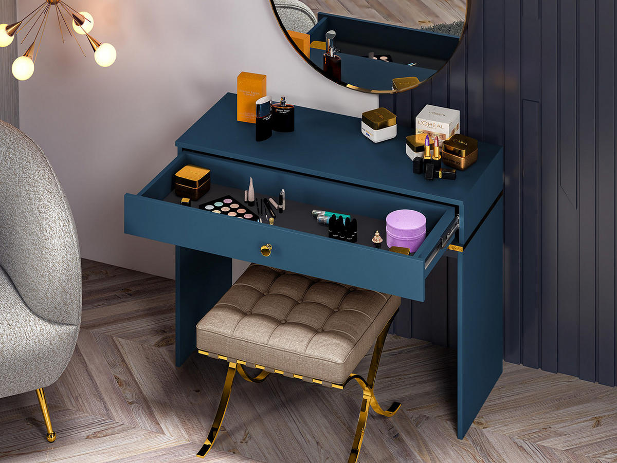 SCHMINKTISCH Marine dunkelblau / gold 100 / 40 / 79cm - Blau, Holz/Holzwerkstoff (40/100/79cm) - Feldmann-Wohnen