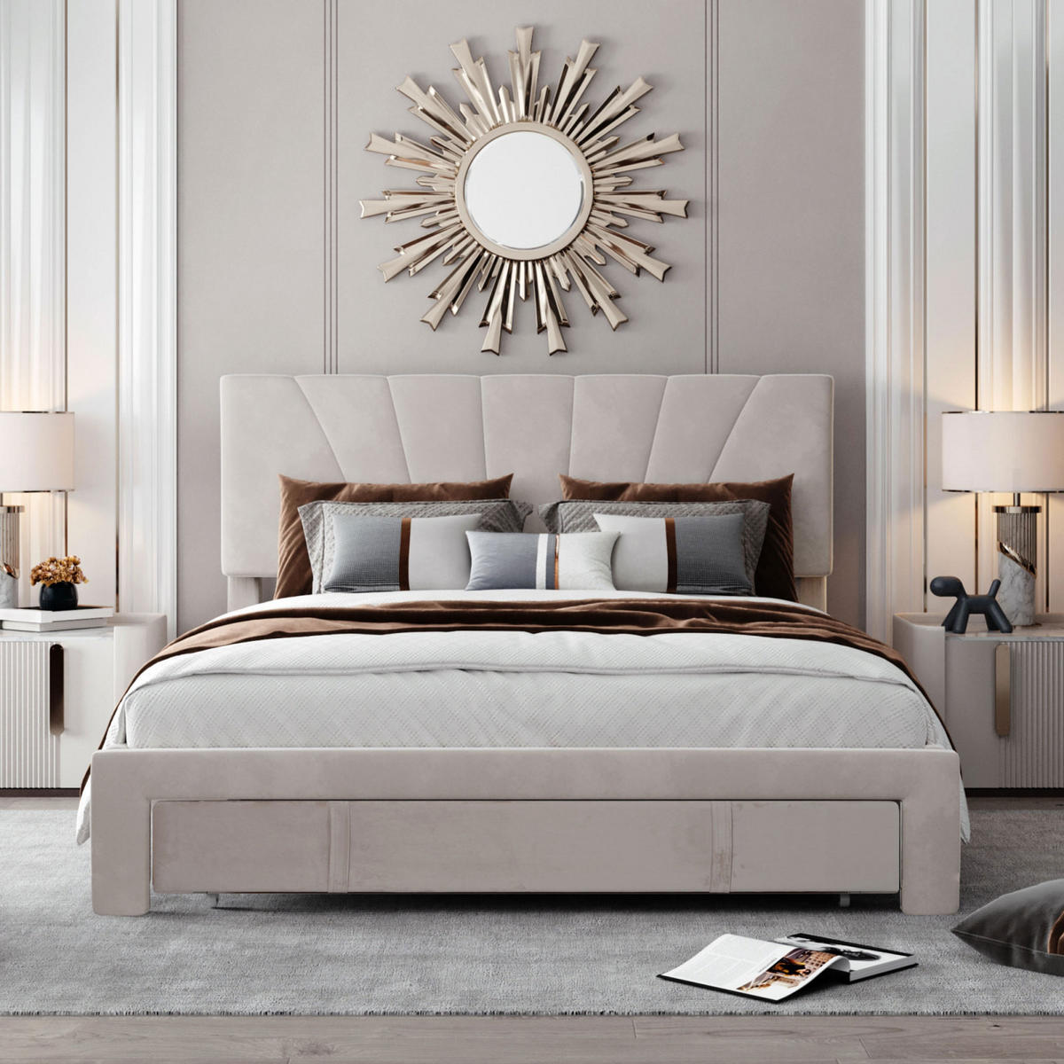 POLSTERBETT 140x200 cm, Beige, großer Schublade, Samt - Beige, Textil/Metall (140/200cm)