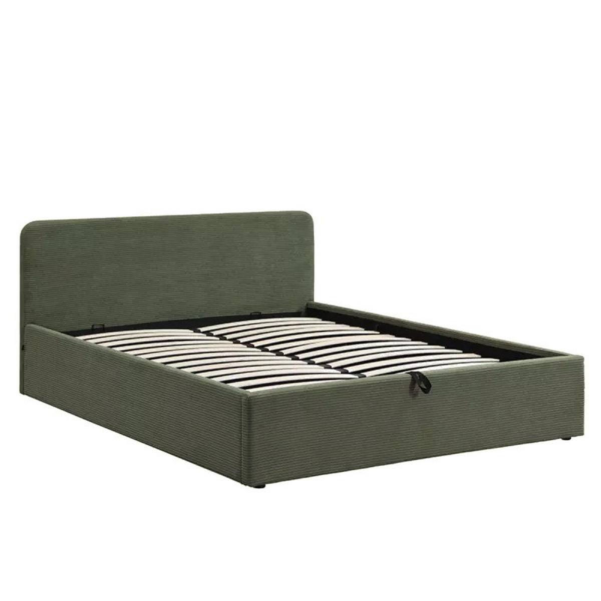 BETT mit Bettkasten 160 x 200 cm mit Kopfteil aus khakifarbenem Cord 170/88/215 cm - Grün, Holz (160/200cm) - Calicosy