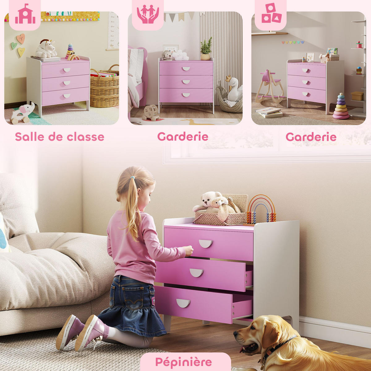 KINDERKOMMODE DE-17255 3 Schubladen Rosa - Pink, Holzwerkstoff (40/60/60cm) - ComfortXL