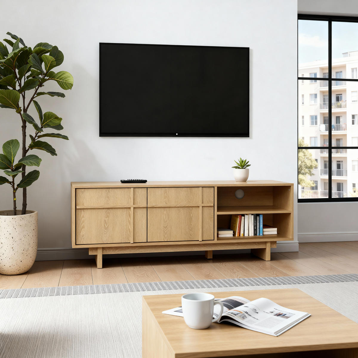 TV-SCHRANK im modernen skandinavischen Stil, TV-Lowboard mit 2 Türen & 2 Ablagen,Holzoptik | B140 x T40 x H50 cm - Braun, Holzwerkstoff (140/50/40cm) - Hometopia