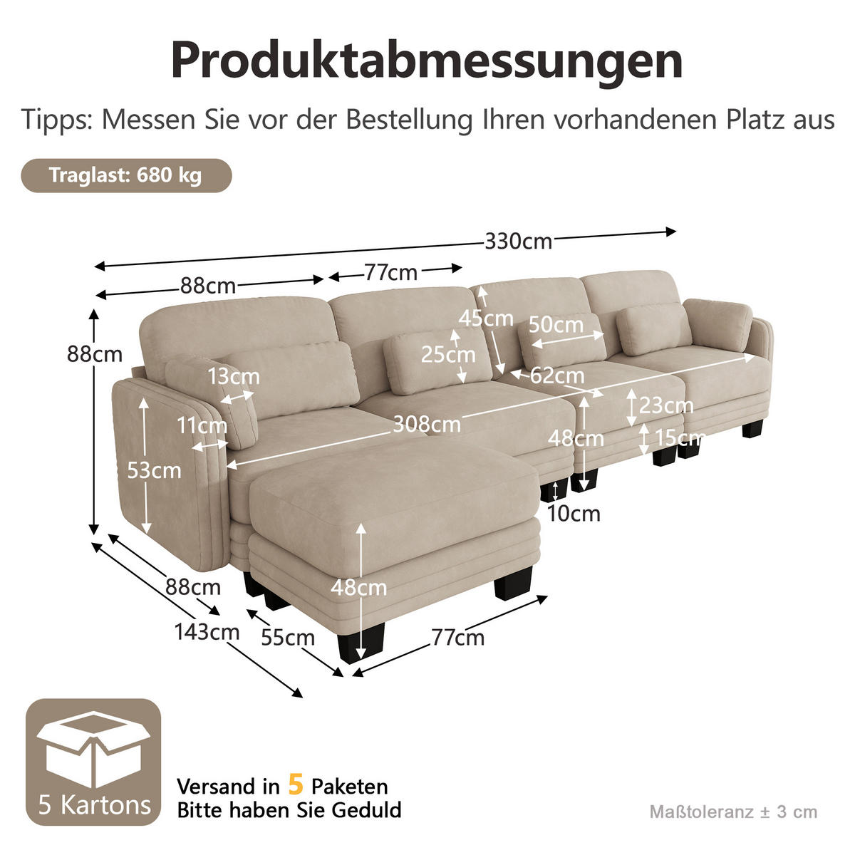 ECKSOFA 4-Sitzer L-Form mit Ottomane und Kissen, DE-42686, Hellbraun - Hellbraun, Holz (330/143cm) - ComfortXL