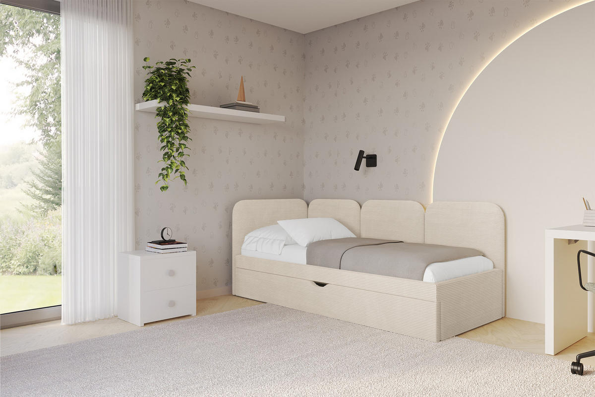 EINZELLBETT Jugendbett mit Bettkasten, Rechts - ALVY 80x200 Beige - Kaschmir, Holzwerkstoff/Textil (80/200cm) - ALTDECOR