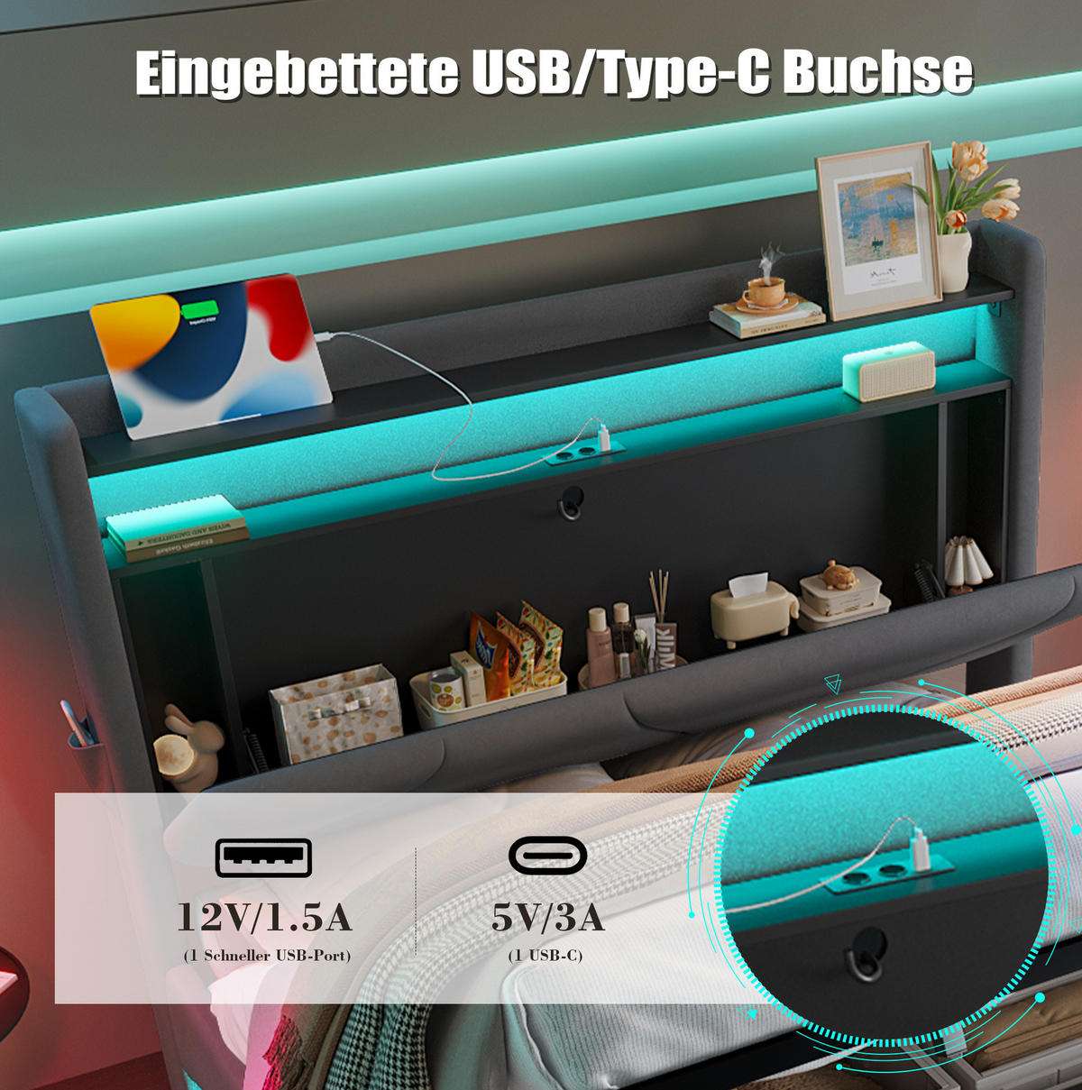 BETT mit LED und Stauraum 140x200 cm Samt Dunkelgrau - Dunkelgrau, Metall (140/200cm) - Meubliv