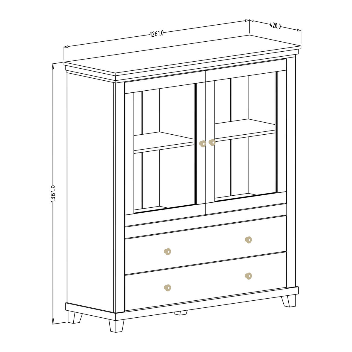 VITRINE EVANDRO 126/138/42 cm mit 2 Schubladen und 2 Türen Grün - Grün, Holzwerkstoff (126/138/42cm) - MASSENO