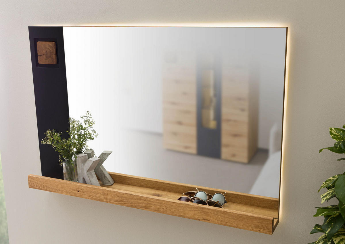 WANDSPIEGEL mit Ablage Wildeiche 110x14x71 natur lackiert / geölt KITZBÜHEL #138 - Braun, Holz (110/71/14cm) - Massivmoebel24