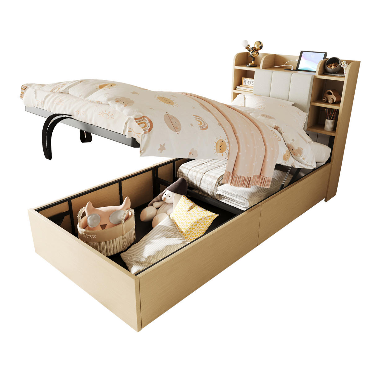 BETT 90/200 cm mit Kopfteil und Bettkasten – inkl. Lattenrost, USB-Anschluss - Naturfarben, Holzwerkstoff (90/200cm) - BEAOK