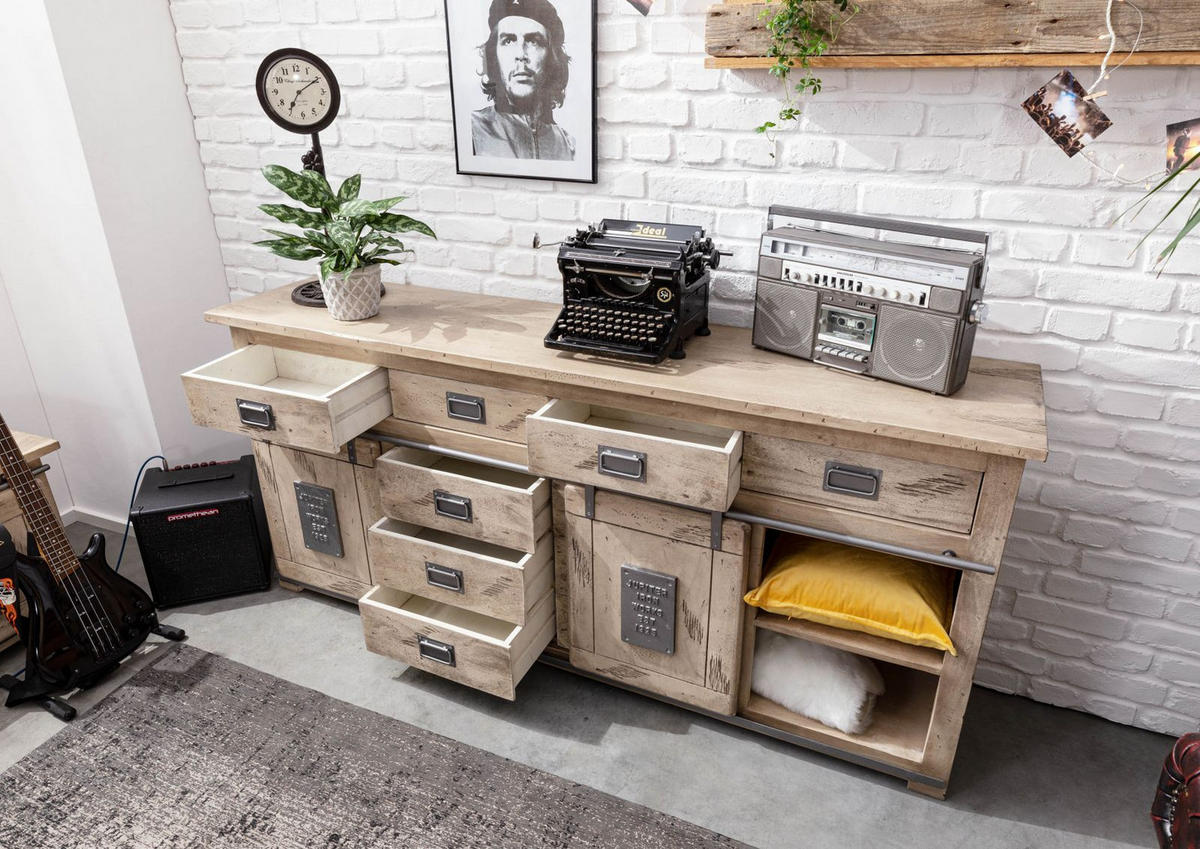 SIDEBOARD Mango 200x45x90 whitewash lackiert RAILWAY #322 - Beige, Holz (200/90/45cm) - Massivmoebel24