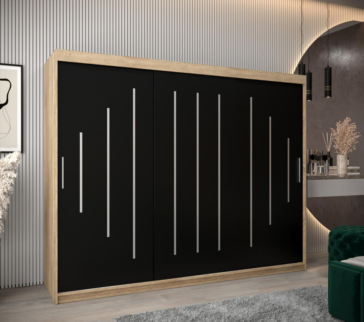 SCHWEBETÜRENSCHRANK 200/250/62 3-türig - Silberfarben/Schwarz, Holz/Kunststoff (250/200/62cm) - Abiks Möbel