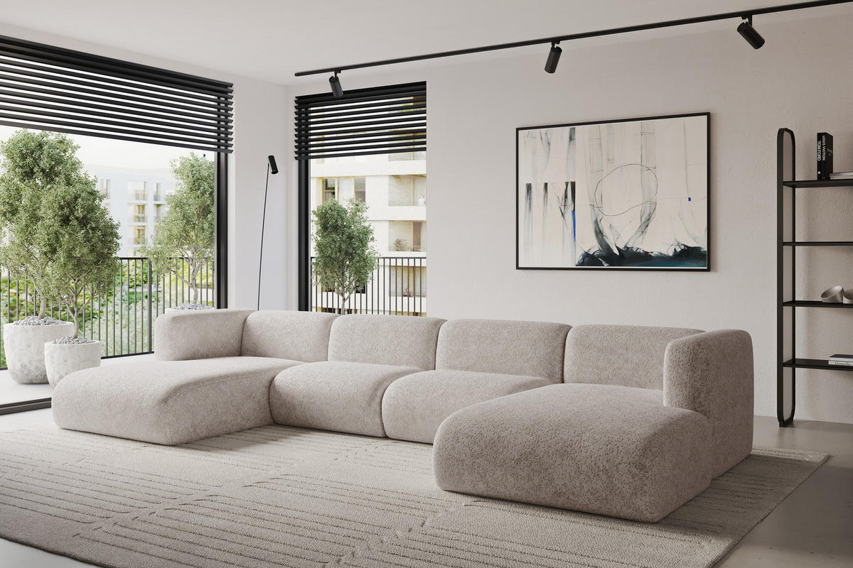 WOHNLANDSCHAFT MIRA-U2 408x179x70 Hellgrau Velours - Hellgrau/Schwarz, Holzwerkstoff/Kunststoff (408/70/179cm) - ALTDECOR