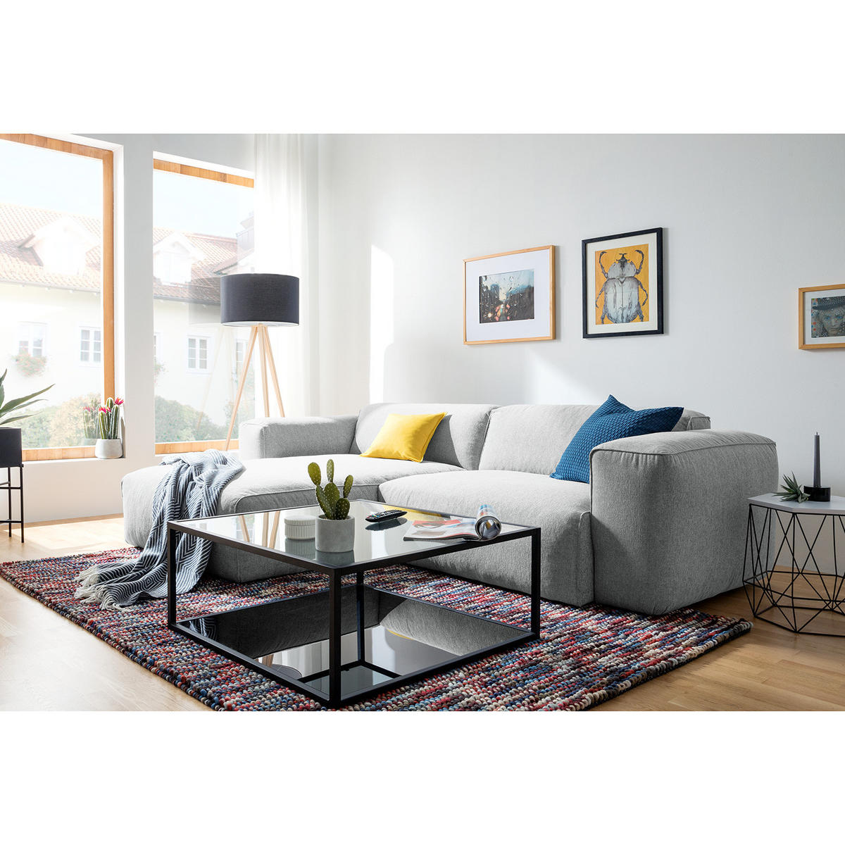 1,5-SITZER ECKSOFA mit Longchair - Hellgrau/Schwarz, Kunststoff/Textil (260/173cm) - home24