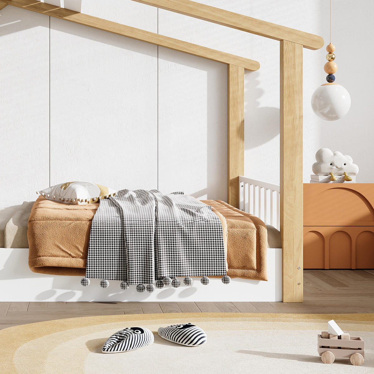 HAUSBETT aus Kiefer, Spanplatte und MDF 90x190 cm Weiß/Natur mit Lattenrost im Hausdesign - Weiß, Holzwerkstoff (90/200cm) - Modfu