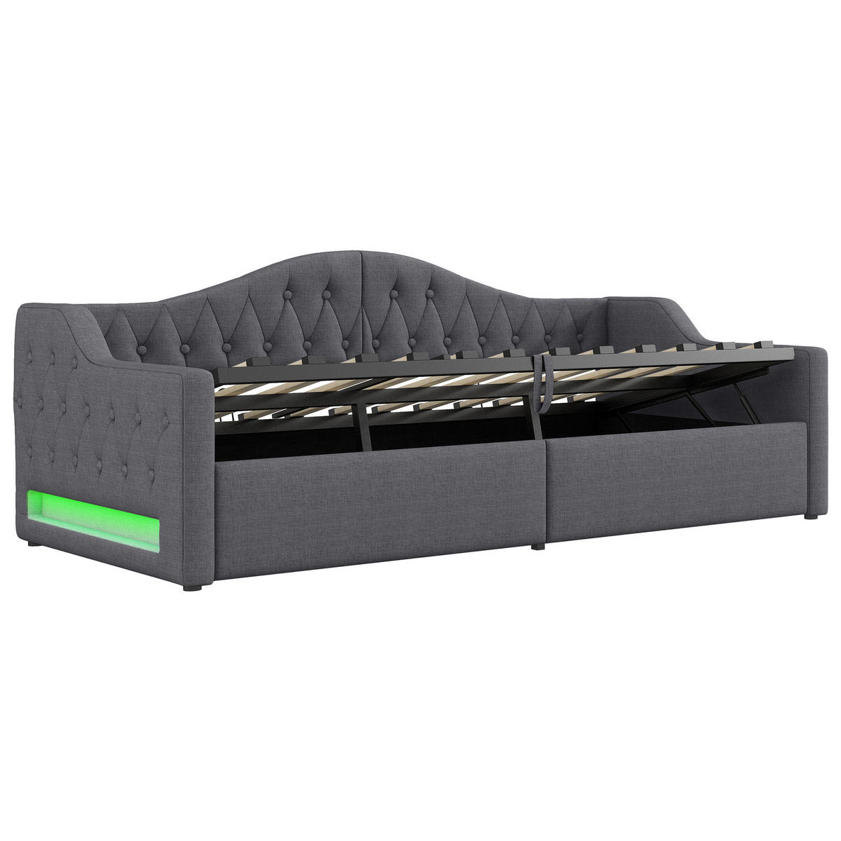POLSTERBETT 90/200 cm Grau mit LED-Beleuchtung und Stauraum aus Leinen - Grau, Holzwerkstoff (90/200cm) - OKWISH