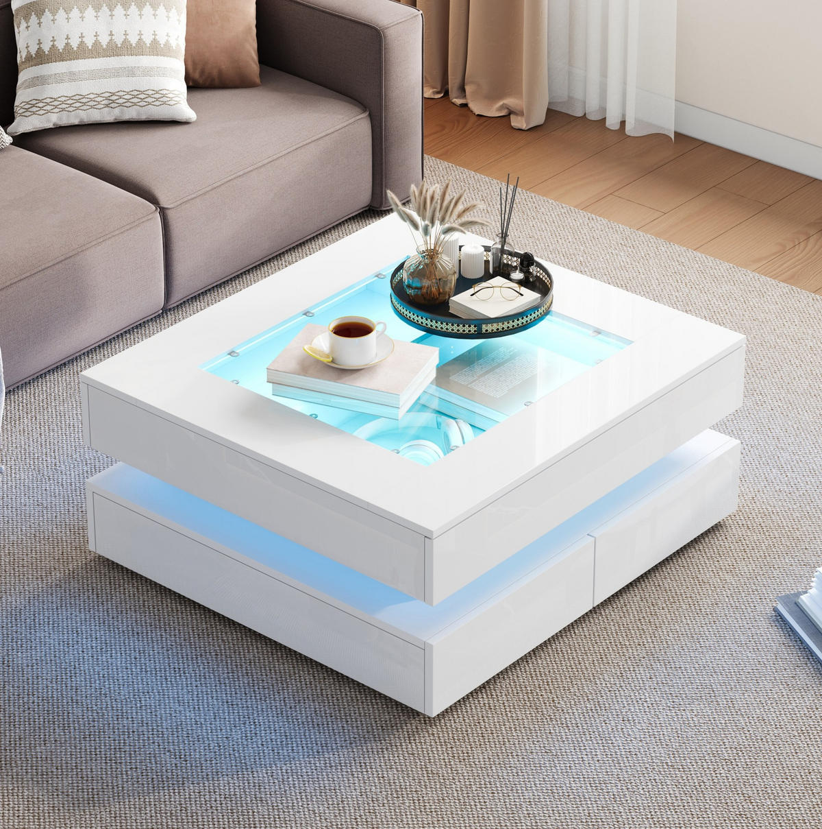 COUCHTISCH 70/70/35 cm in Weiß mit LED-Beleuchtung und 3 Schubladen - Weiß, Holzwerkstoff (70/70/35cm) - Flora Grace