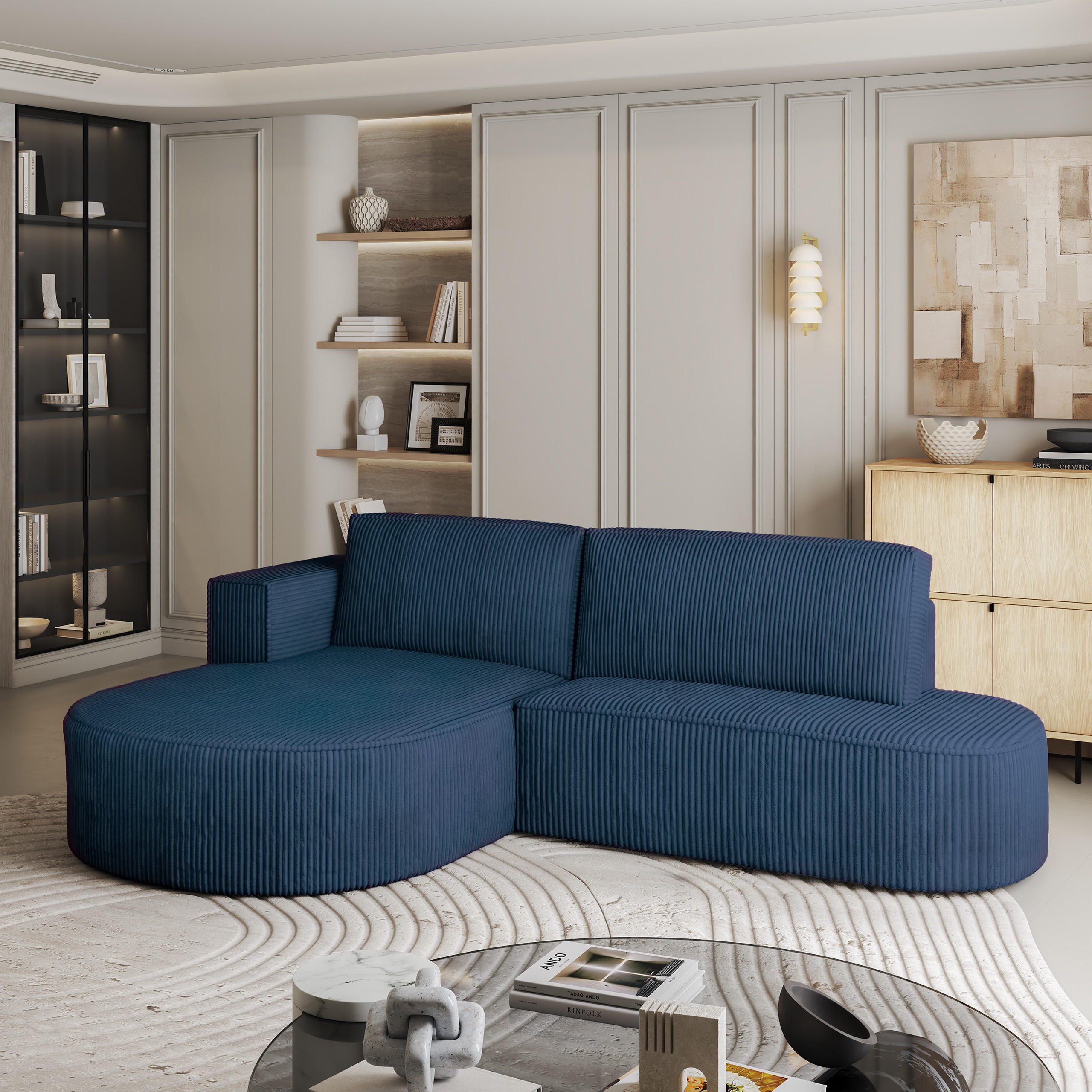ECKSOFA CORTIO P L-S Blau Kordstoff mit Schlaffunktion - Blau, Holz (265/174cm) - MASSENO