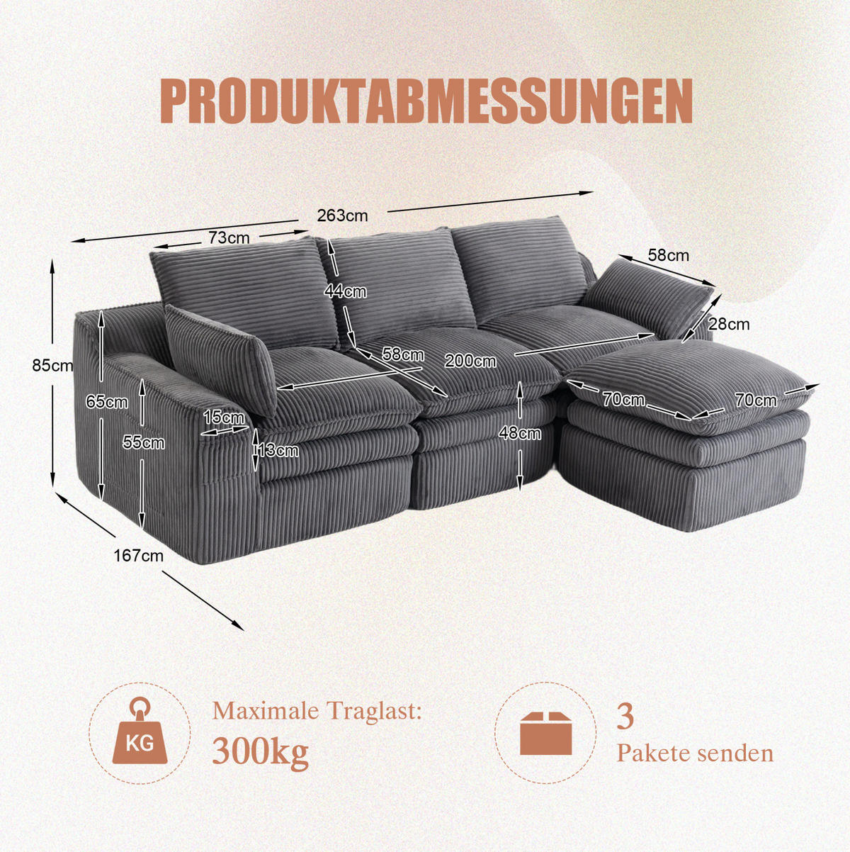 3-STIZER Sofa 263/167/85 cm frei kombinierbar mit Hocker, Seitentaschen und Federkern, Cord Dunkelgrau - Dunkelgrau, Textil (263/85/167cm) - Redom