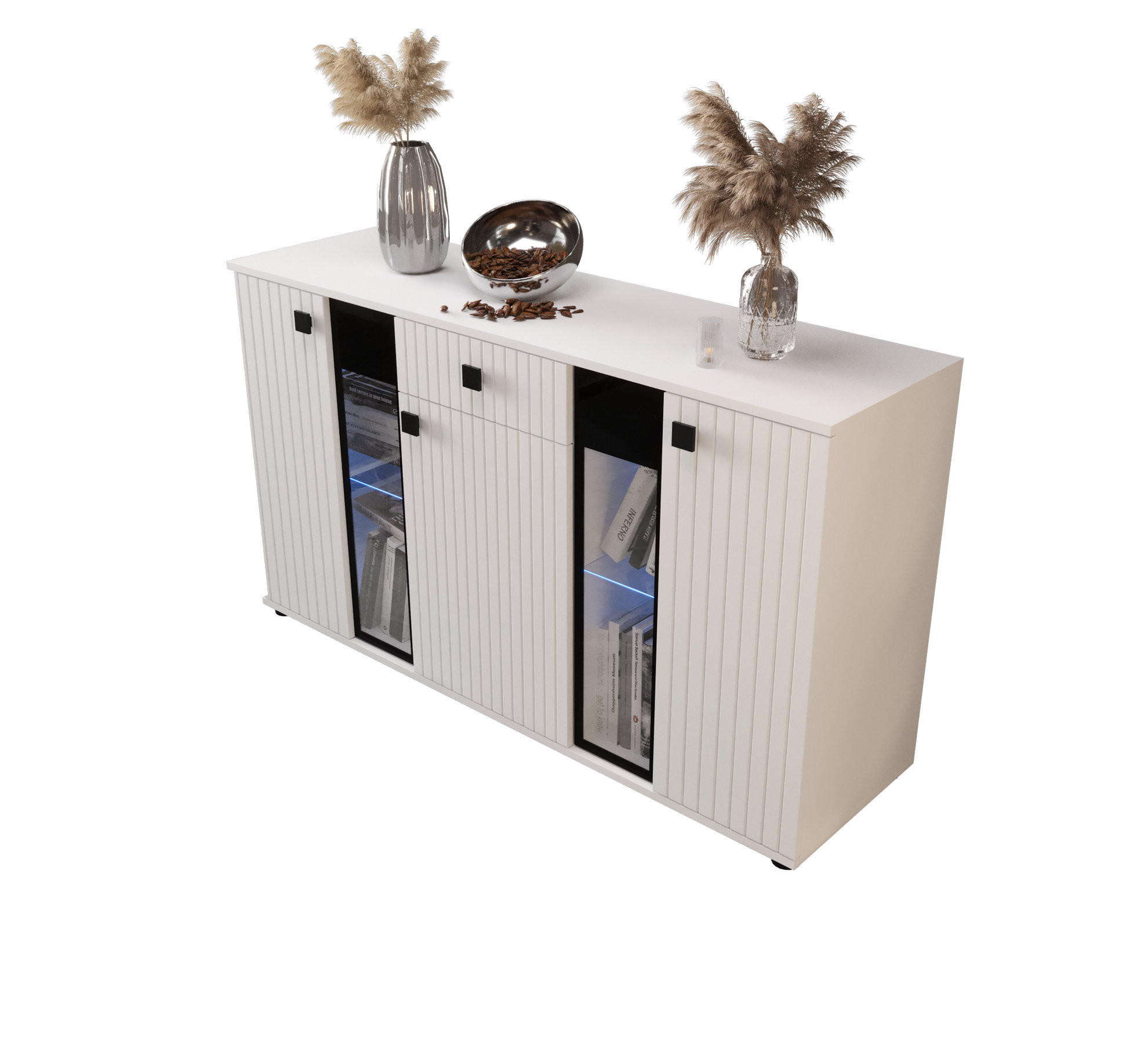 KOMMODE London LSMK LAMELE mit 3 Türen, Sideboard in Farbe: Weiß, Größe: 140 x 80 x 40 cm - Weiß, Holzwerkstoff (140/80/40cm) - O-Sofa